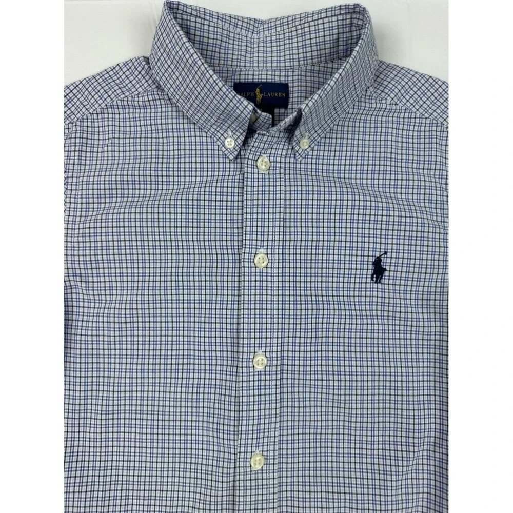 Ralph Lauren Boys Blue White Plaid Button Down Shirt Size M 10-12 Long Sleeve
